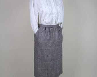 80's Wool Black White Plaid Secretary Skirt / Size Medium
