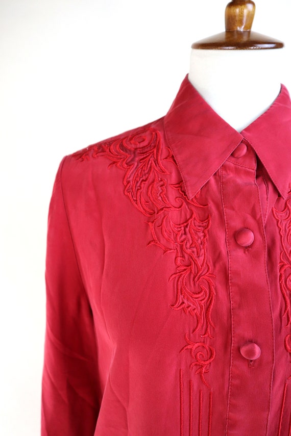90's Red Silky Dress Shirt / Country Western Embr… - image 9