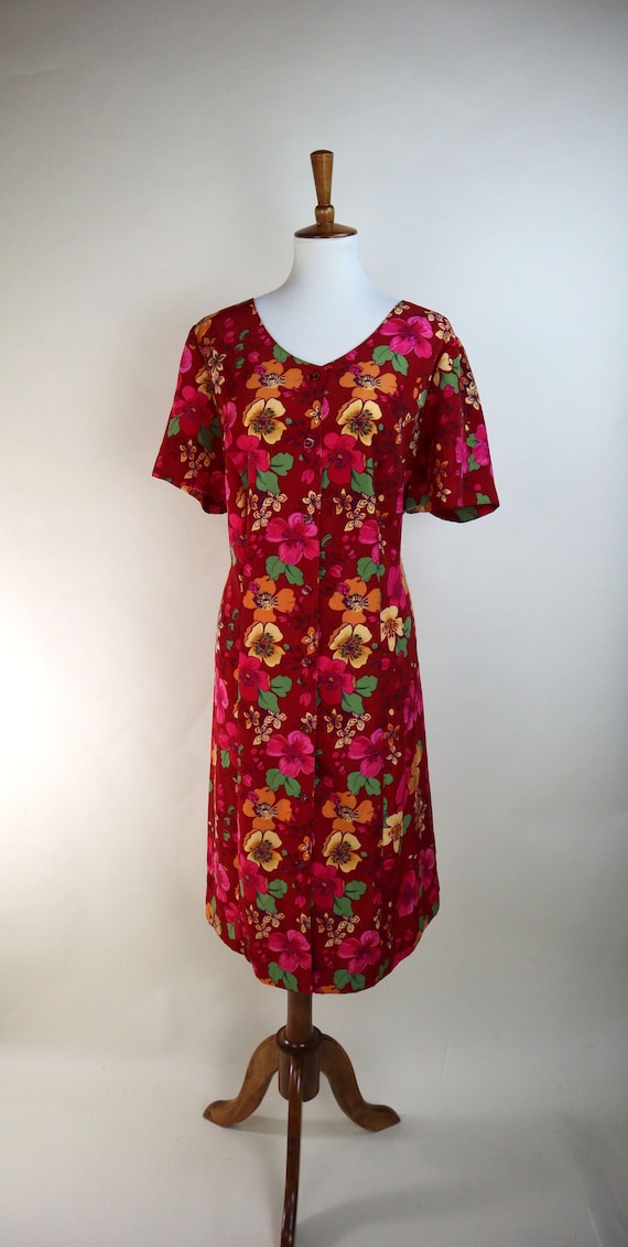 90's Red Hawaiian Floral Casual Summer Dress / Bo… - image 2