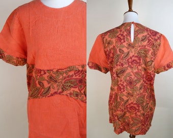 90's New Age Orange Linen Summer Paisley Shirt / Small to Medium