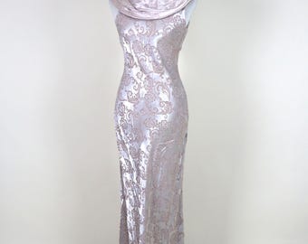 90er Vintage Beige Gold seidig Jacquard drapiert verführerisch Abendkleid / Größe Small bis Xsmall