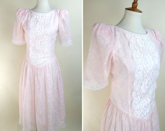 80's Pink Gunne Sax Romantic Revival Princess Dress / Lace Princesscore Fairy Prairie midi Gown / Size Small