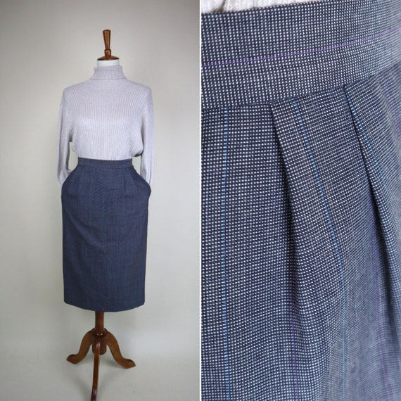 80's Gray Blue Plaid Pencil Secretary Skirt / Wom… - image 1