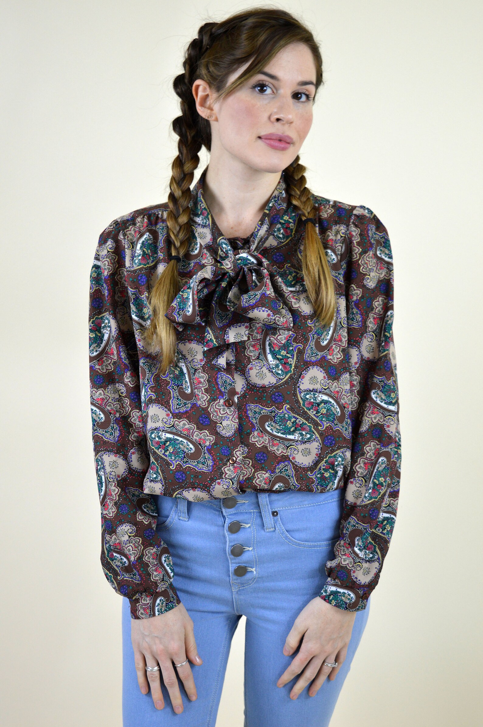 Vintage 70 s Brown Paisley Neck Bow Blouse Long Sleeve Etsy