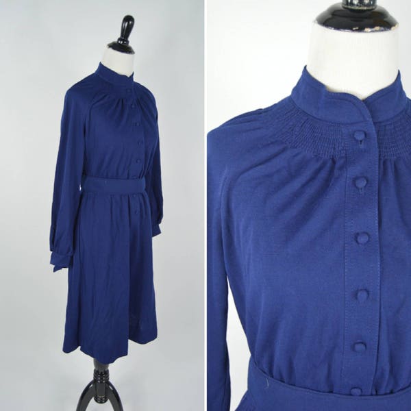 Vintage 70's Blue Secretary Dress - Navy Button up midi Shirt Waist Dress - Leslie Fay Casual Dress - size medium to small