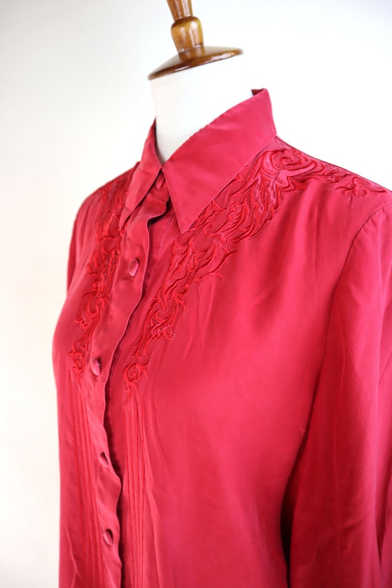 90's Red Silky Dress Shirt / Country Western Embr… - image 6