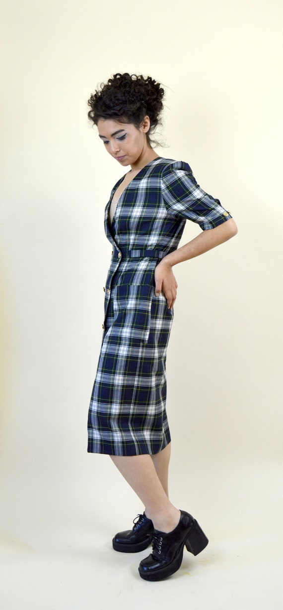 Vintage 80s Green Dark Academia Tartan Plaid  Dre… - image 2