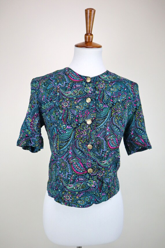 80's Green Blue Paisley Print Short Sleeve Shirt … - image 5