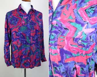 80's New Wave Bright Pink and Purple Acid Trip Abstract Button Up Casual Shirt /  Size Small