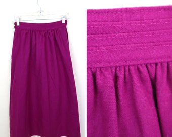 80's Fuchsia Academia Wool A-line Midi Skirt / Fit and Flare Winter Fashion Secretary Skirt / Women's Size XSmall / 24 Inch Waist