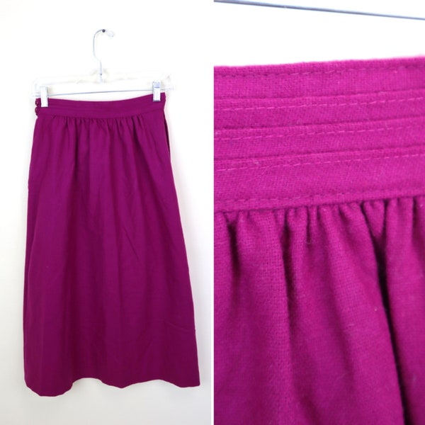 80's Fuchsia Academia Wool A-line Midi Skirt / Fit and Flare Winter Fashion Secretary Skirt / Women's Size XSmall / 24 Inch Waist