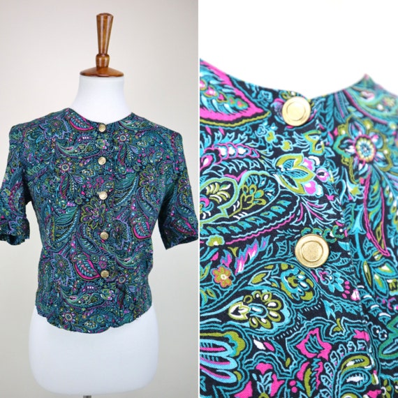 80's Green Blue Paisley Print Short Sleeve Shirt … - image 1