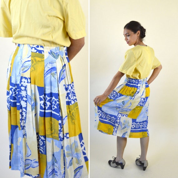 80's Yellow Patchwork Print Flowy Skirt / A-line … - image 1