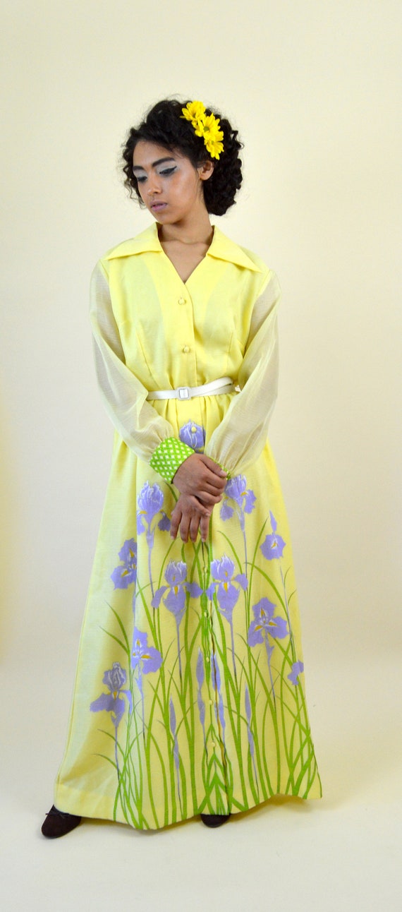 60's Yellow Iris Maxi Hawaiian Dress / RARE Alfre… - image 9