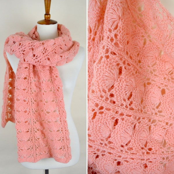 Vintage Peach Pink Crochet scarf / large fan Lacey crocheted shawl / warm cozy Mori Girl scarf / gift for her