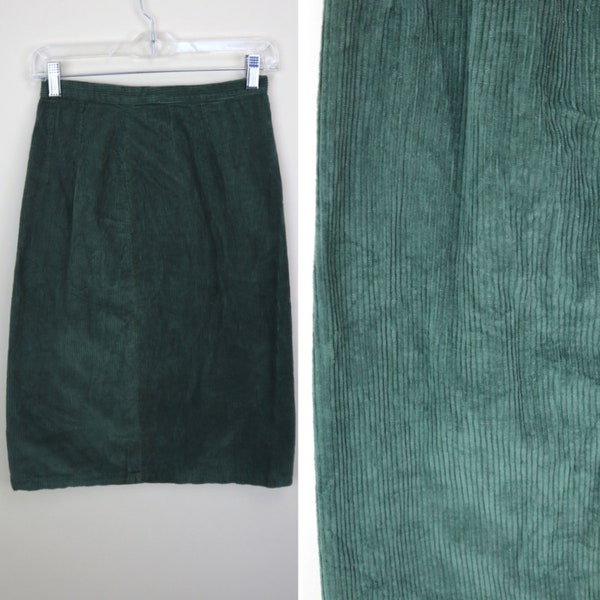 60's Fitted Green Hippie Corduroy Skirt / Short Boho Pencil Skirt / Women's Size Xsmall / 25 Inch Waist