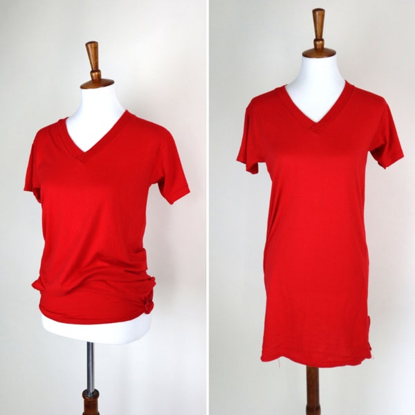 80's  Cherry Red Cotton Sporty Shirt Dress / Knit Casual Athletic Street Wear  / Size Small Medium