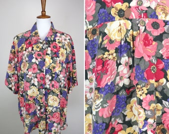 90's Retro Bright Floral Rayon Summer Blouse / Romantic Breezy Button up Shirt / Cottagecore Cutie Plus Size 3X / 22W