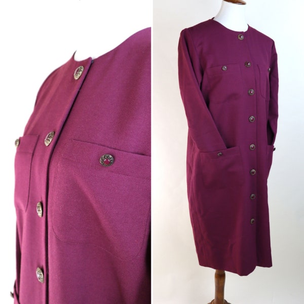 80's Maroon Boxy Retro Button Up Dress / Posh Grandma Chic / Fall Autumnal Coat Dress / Size Medium