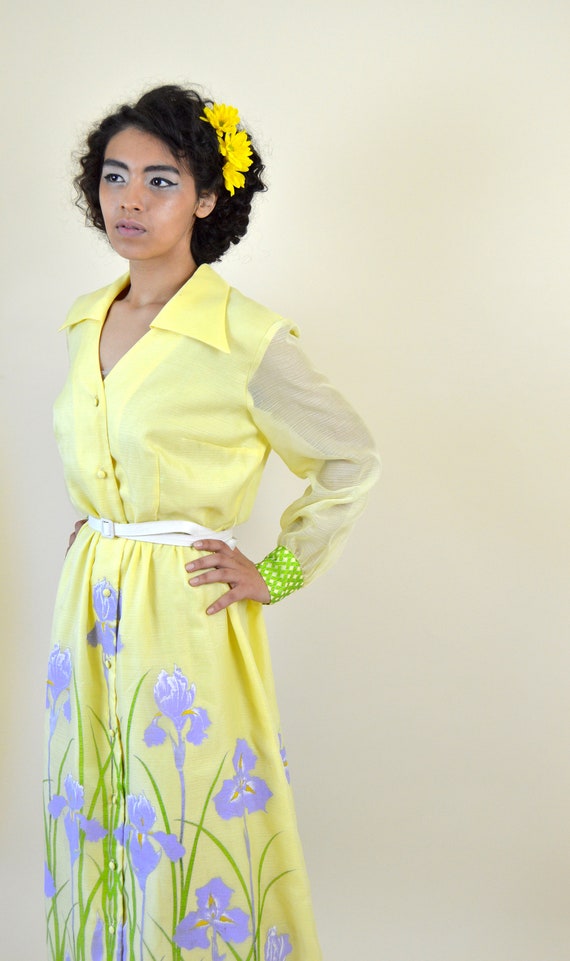 60's Yellow Iris Maxi Hawaiian Dress / RARE Alfre… - image 4