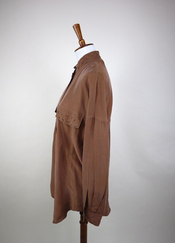 90's Brown Silk Oversized Dressy Blouse / Beaded … - image 2