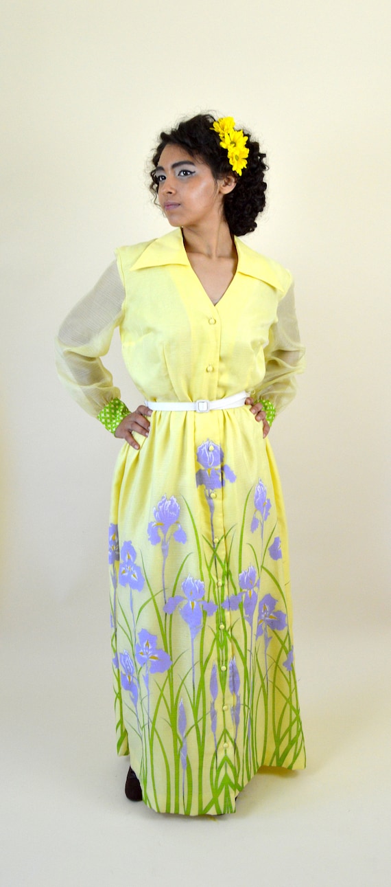 60's Yellow Iris Maxi Hawaiian Dress / RARE Alfre… - image 2