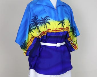 70's Vintage Tropical Palm Tree Sunset Print Kaftan Top / Size Medium to Large