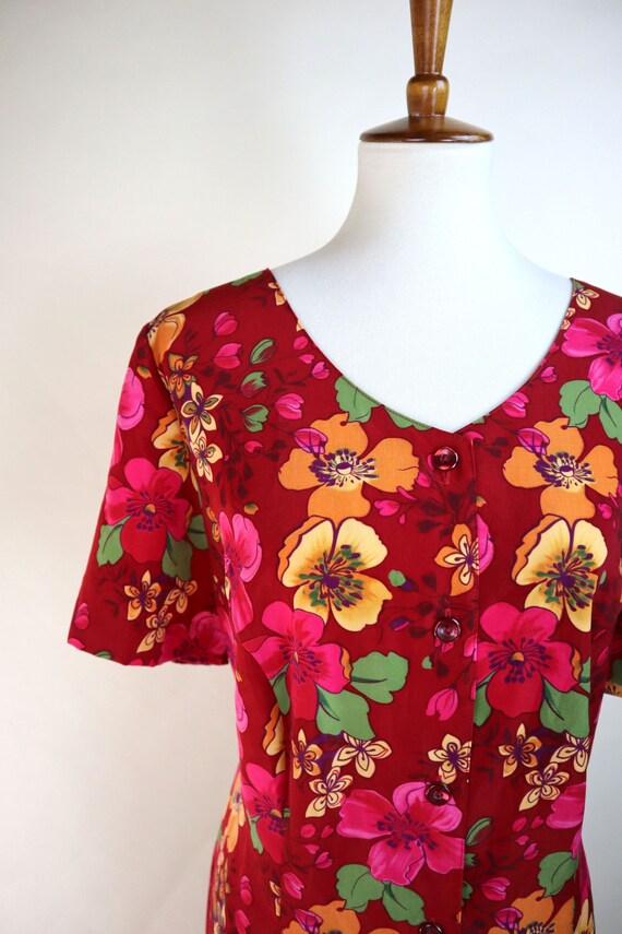 90's Red Hawaiian Floral Casual Summer Dress / Bo… - image 7