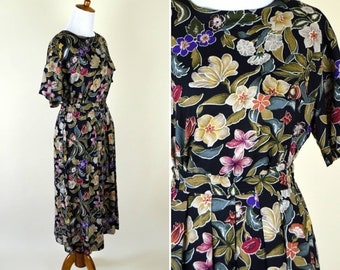 Vintage 1980's Fall Floral Skirt Set / Black Flower Print High Waist Skirt and Matching Blouse Rayon  Outfit / Cottagecore / Size Medium