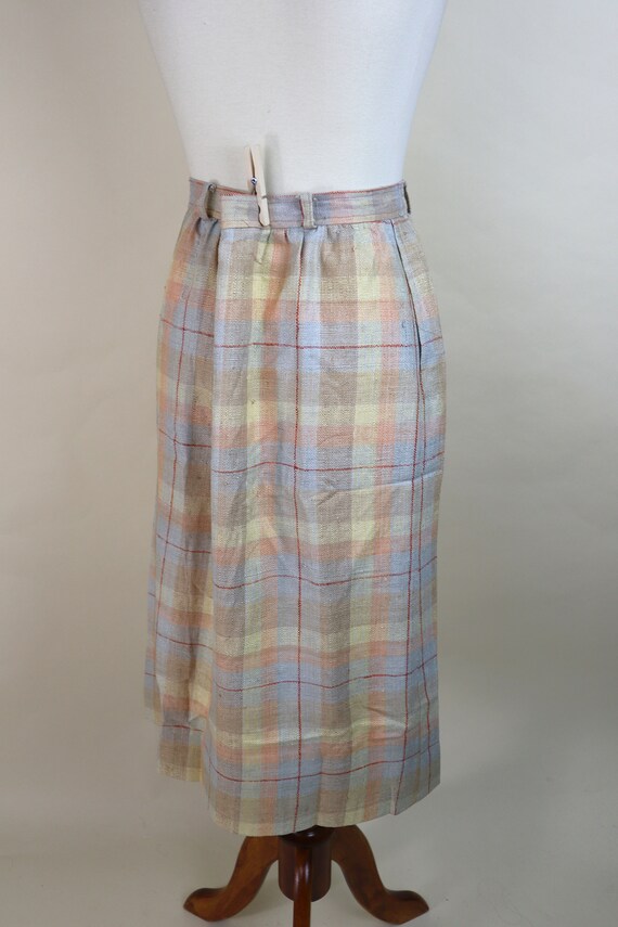 70's Cream Orange Plaid Silk Secretary Skirt / Au… - image 3