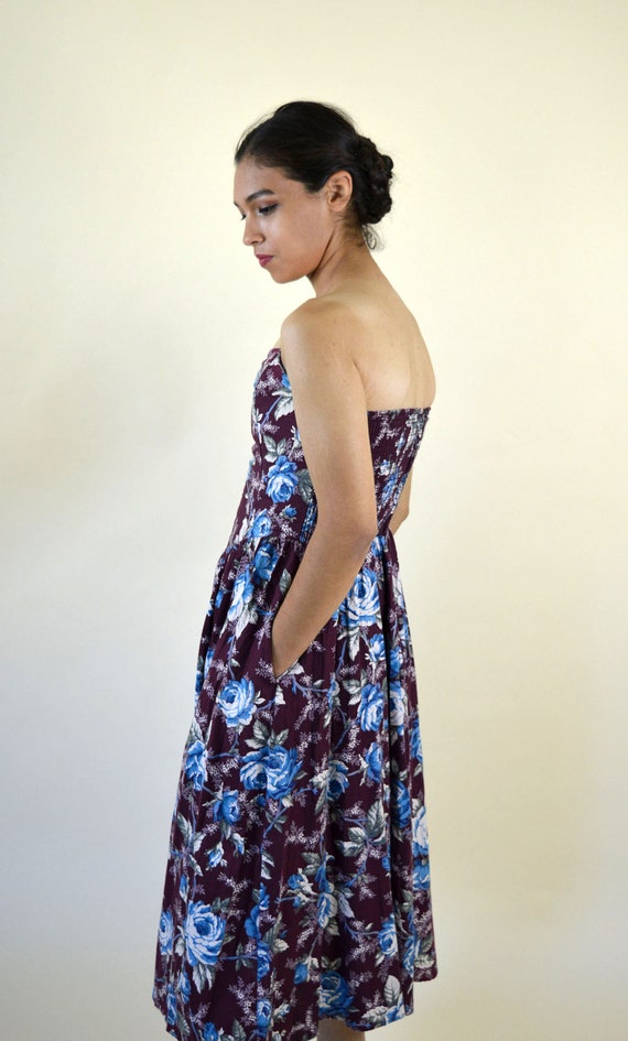 80's Purple Strapless Floral Party Dress / Mori G… - image 7