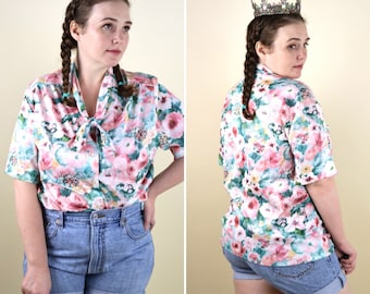 70's Vintage Floral Casual Summer Shirt / Pink Flower Print Button up Cottagecore Blouse / Necktie Top / Size Large