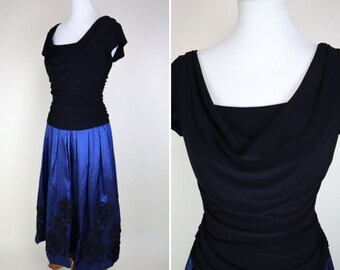 90's Vintage Electric Blue Black Formal Dress / Ribbon Embroidered Prom Dress / Cowl Neck Gown / Women's Size Small to Medium