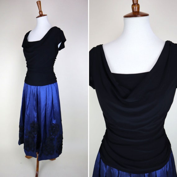 90's Vintage Electric Blue Black Formal Dress / R… - image 1