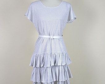 80er Jahre Kleid weiss gepunktet Rüschen Rock Baumwolle Strick Kleid Größe M