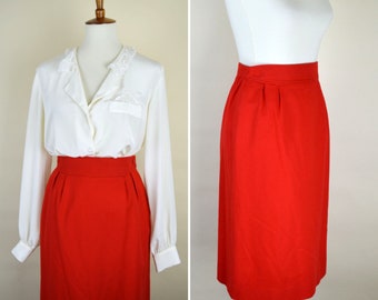 70's Wool Pendleton Secretary Skirt / Lipstick Red Pin Up Bombshell Straight Skirt  / Women's Size XSmall to Small / 26" Waist