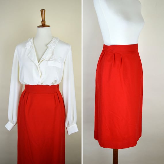 70's Wool Pendleton Secretary Skirt / Lipstick Red Pi… - Gem