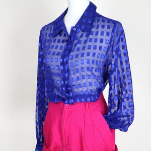 80er 90er Seiden Blouse Satin Schiere Blau Kariert mit Kragen