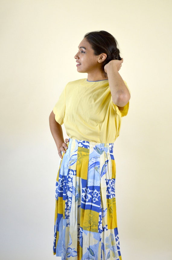 80's Yellow Patchwork Print Flowy Skirt / A-line … - image 2