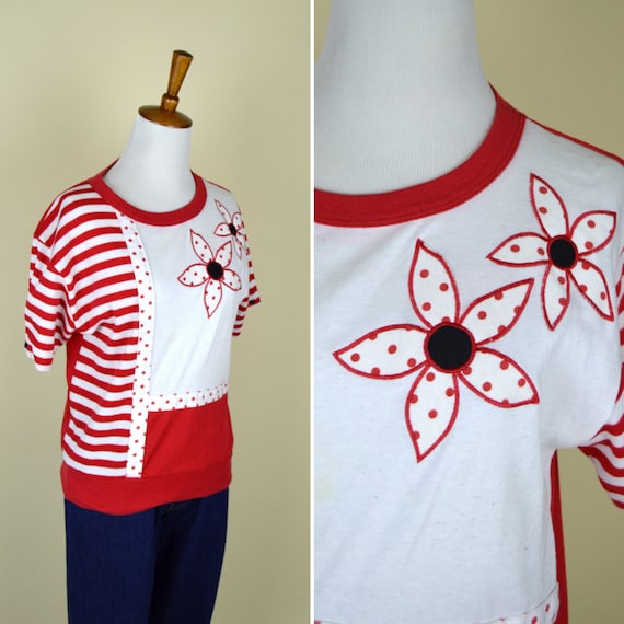 80's Red and White Casual Rockabilly Sweater Top … - image 1