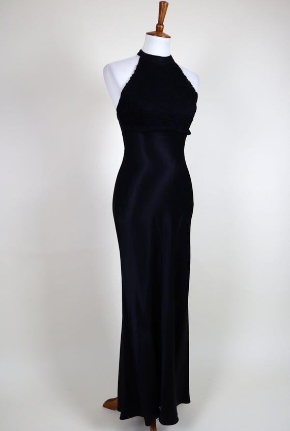 90s halter prom dress 90's Vintage Black Satin Top / Size Small high school 90s prom