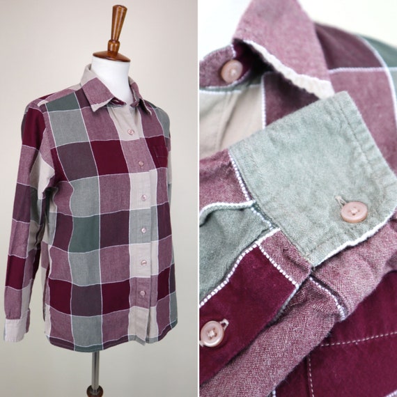 90's Red and Beige Block Plaid Cotton Shirt / Lon… - image 1