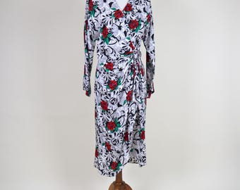 80's Rose Print SILK Faux Wrap Dynasty Style Dress / Size Medium