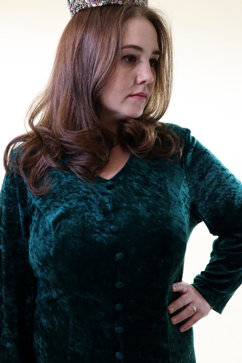 90/'s Vintage Forest Green Crushed Velvet Grunge Dress Gothic Long Sleeve Full Length Dress Modern Witch Dress Size Large