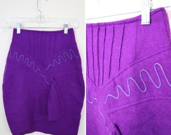 80's Vintage GLAM Rock Pegged Purple Wool Mini Skirt / Honky Tonk High Waist Wiggle Skirt / Size XSmall / 24 Inch Waist