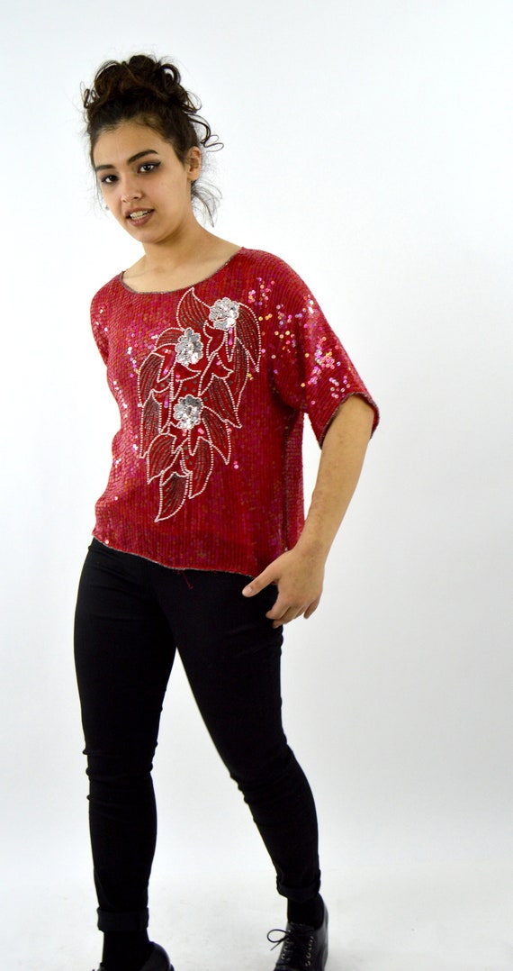 70's Vintage Red Glam Rock Beaded Blouse / Fancy … - image 3