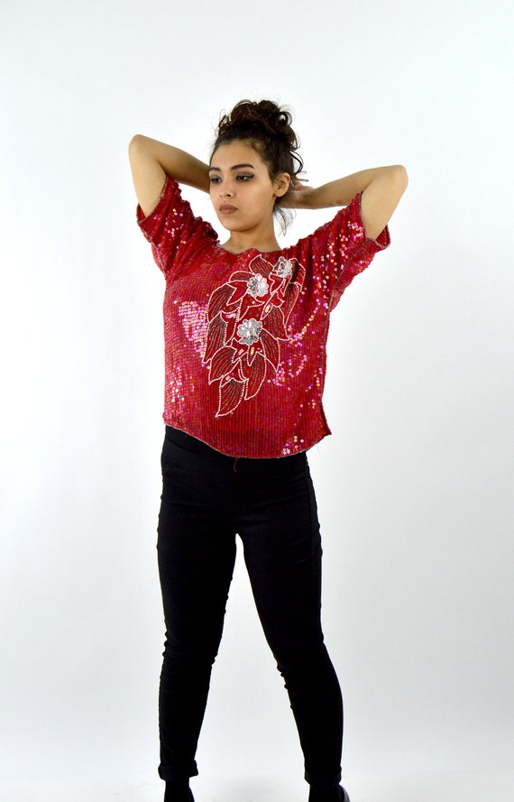 70's Vintage Red Glam Rock Beaded Blouse / Fancy … - image 8