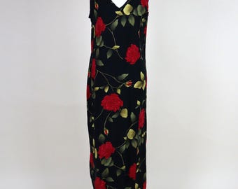 90's Vintage Black Rose Print Grunge Dress / Loose Fit Size Medium