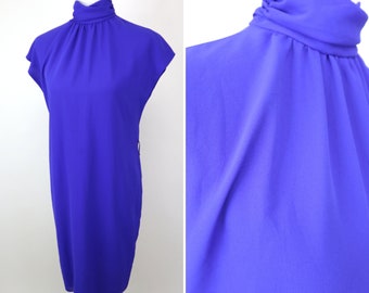 80's retro Purple Dolman Style Chiffon Turtleneck Secretary Dress / Pegged Shape / Minimalist Chic / Size Small