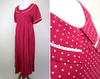 90's Cottagecore Red White Polka dot Day Dress / Sailor Collar Sweet Femme Empire Waist Frock / Women's Size Medium